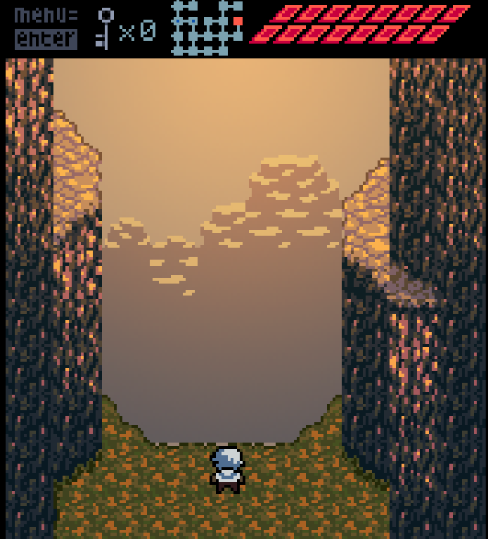 A screenshot of Anodyne; the main character, Young, stands in the mountains facing away from the camera